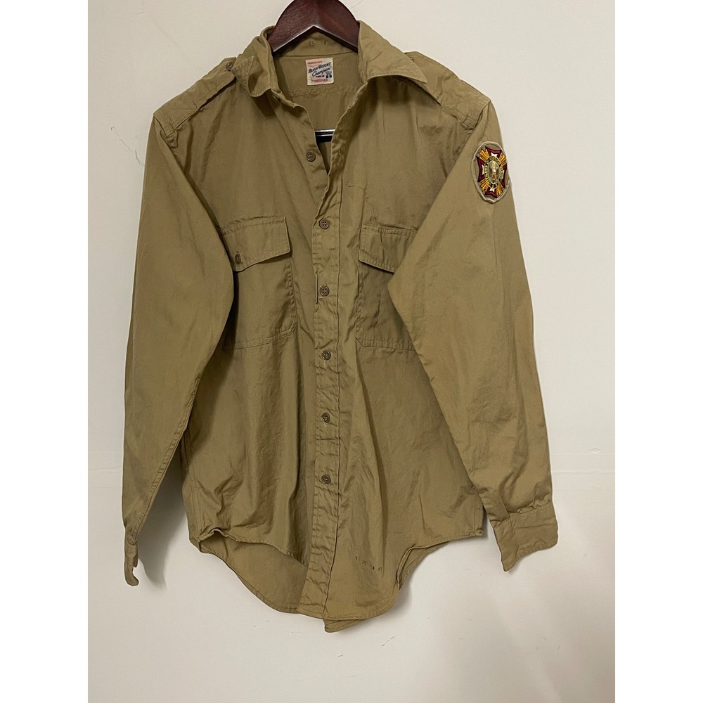 Vintage Hanover Heavyweight Champion Poplin Khaki VFW Patch Military Shirt 15
